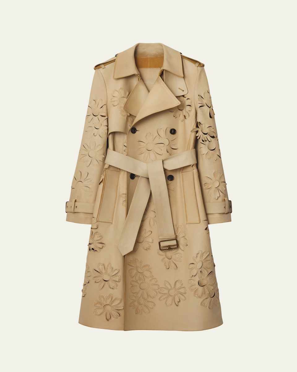 Floral Laser-Cut Leather Trench Coat